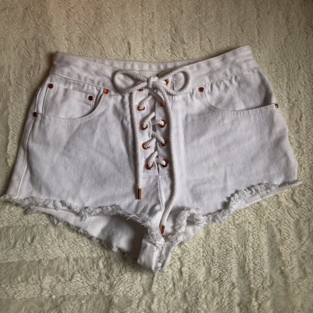 White Lace Up Shorts W/ Copper Accents
